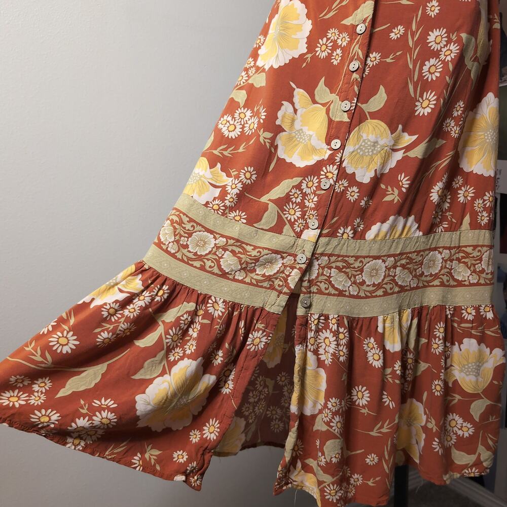 Floral Button-Front Maxi Skirt Boho Designer - Picture 2 of 5
